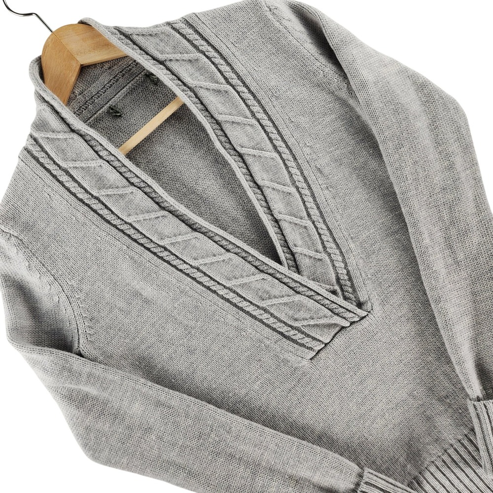 Cable Knit Deep V Neck Sweater Merino wool Women M Gray Shawl Collar Cable Knit